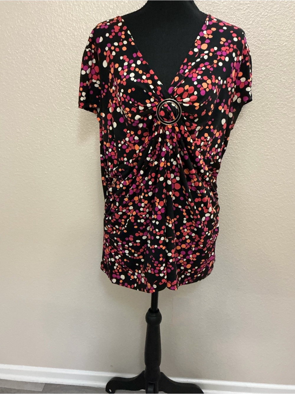 Apt. 9 Black V-Neck Twist Ring Dot Print Blouse - Picture 2 of 7